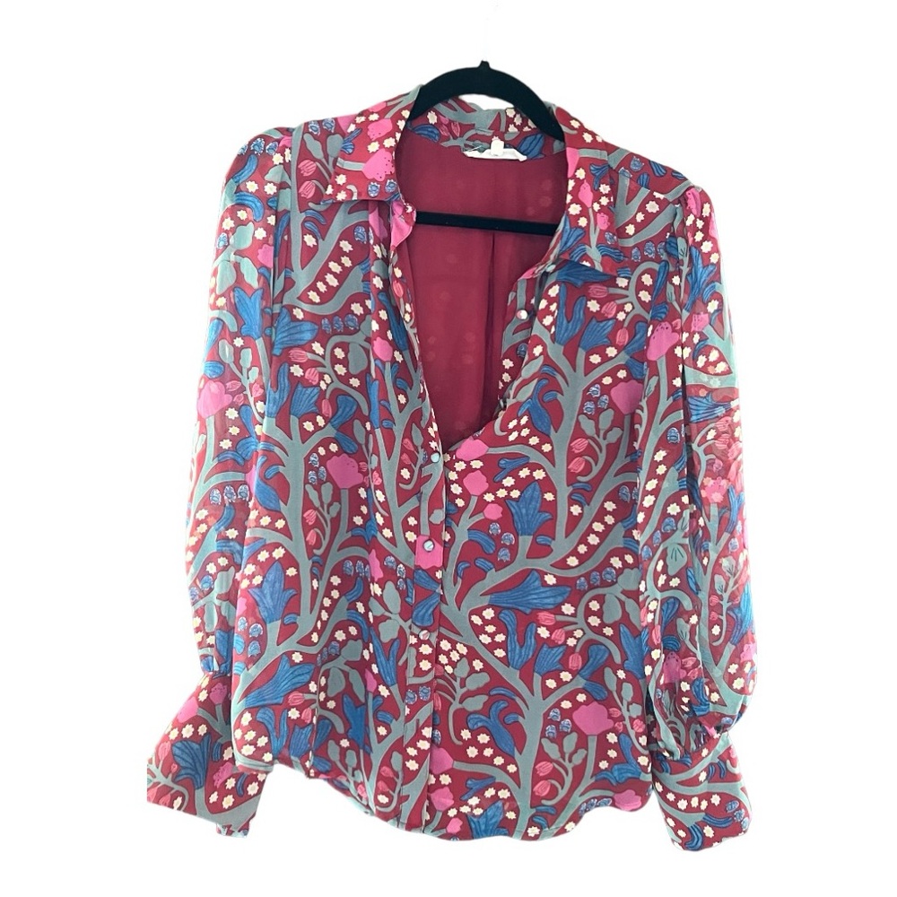 Entro Burgandy Floral Bubble Long Sleeve Button Down Top ~ Medium